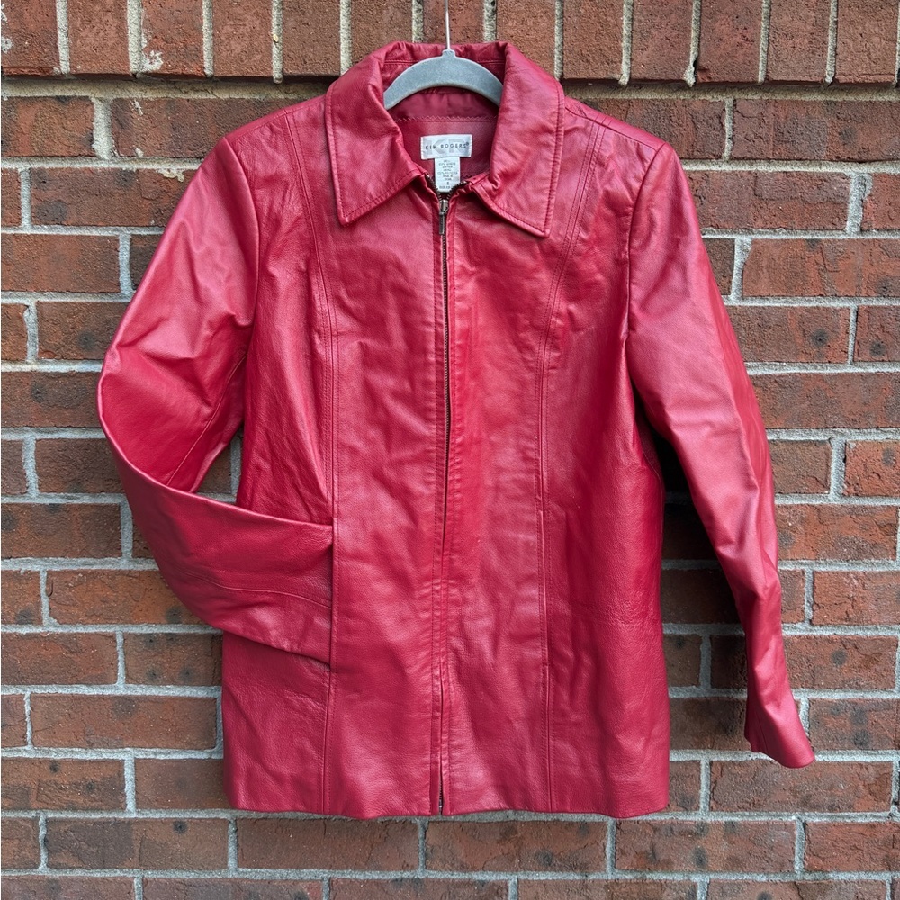 Vintage Y2K Kim Rogers Red Real Leather Jacket Coat Size Small